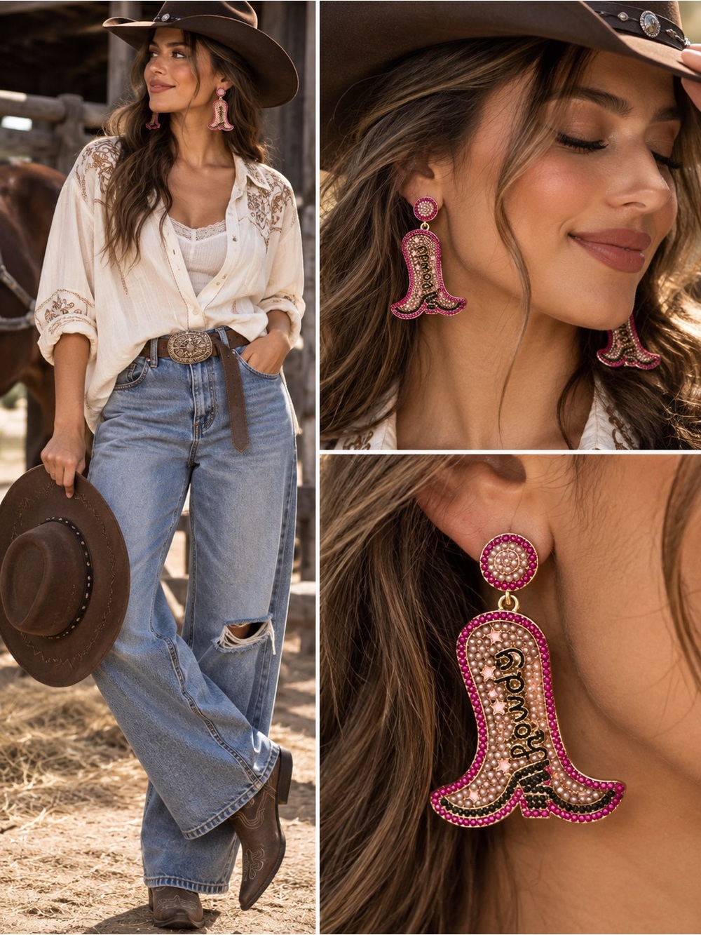 Pink Western Boot-Shaped Statement Earrings - Women's Jewelry